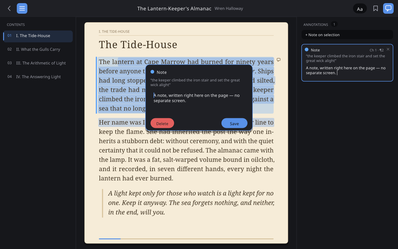 Books showing one annotation both on the selected passage and in the annotations panel
