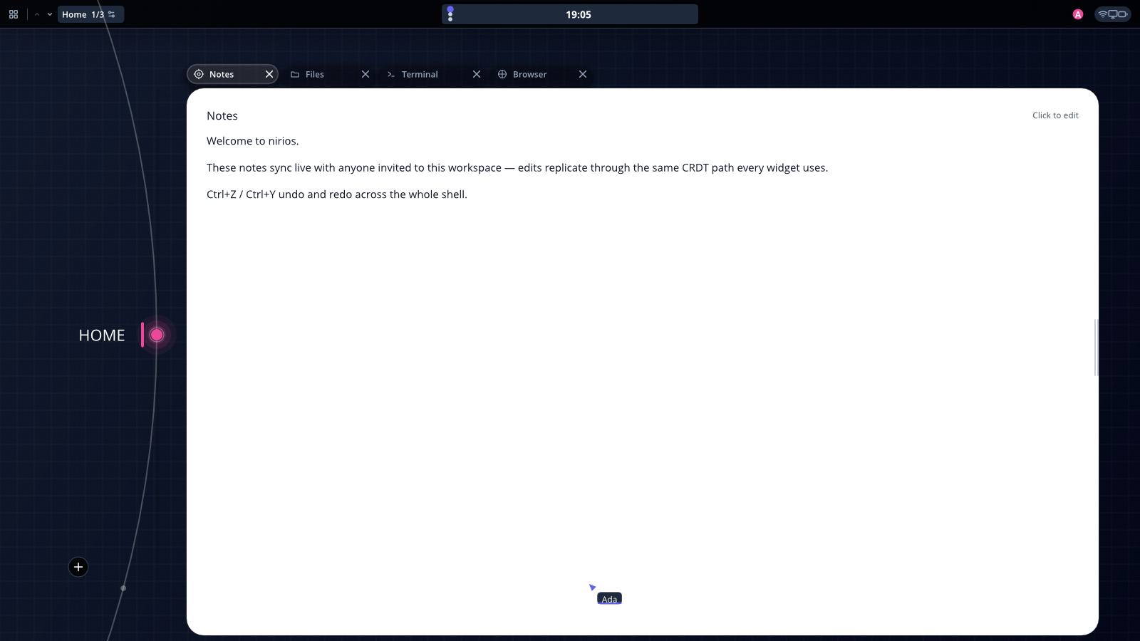 A shared note with Ada's named cursor inside the document
