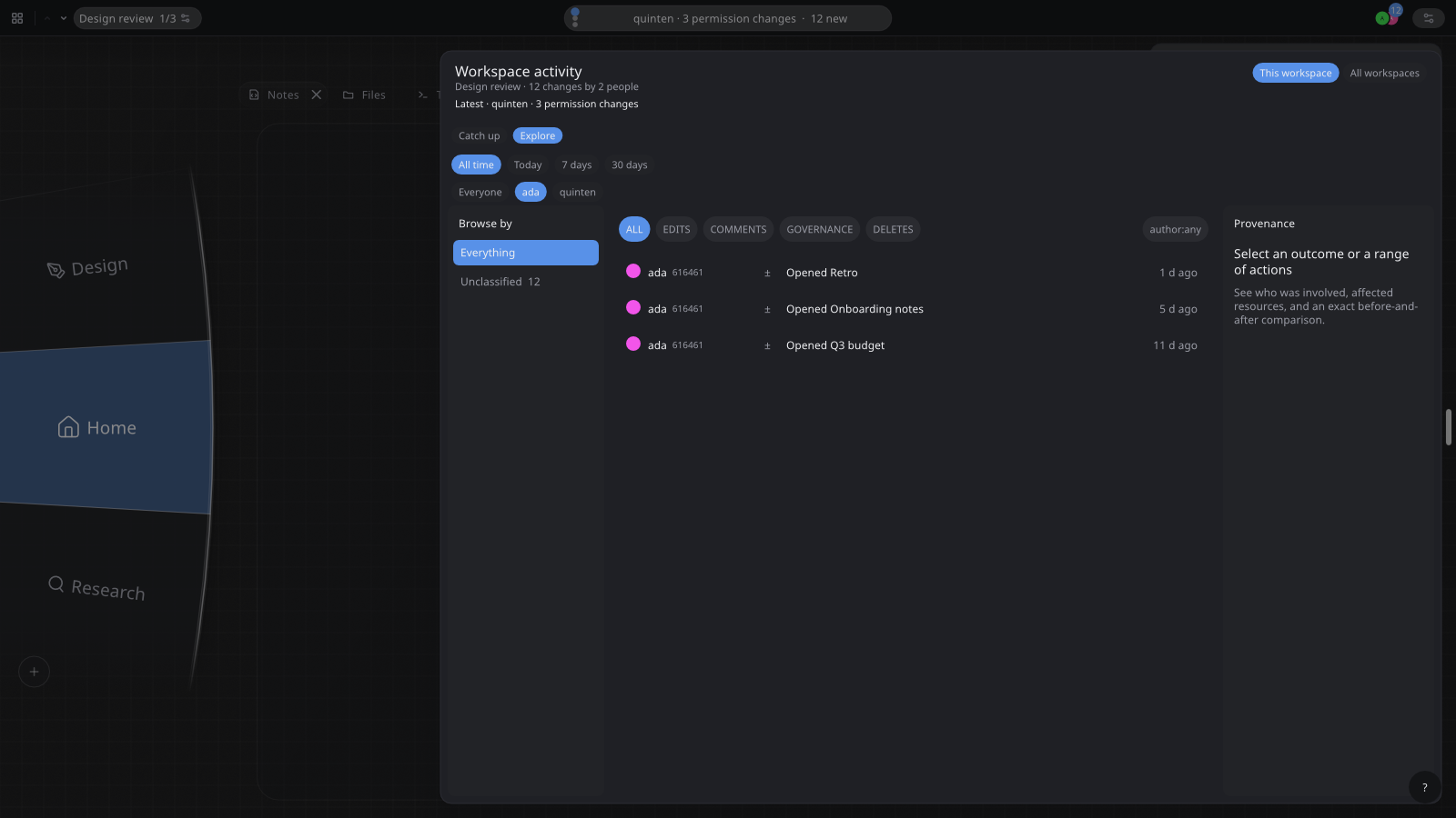 Workspace activity showing Ada's recorded changes, with provenance and comparison controls